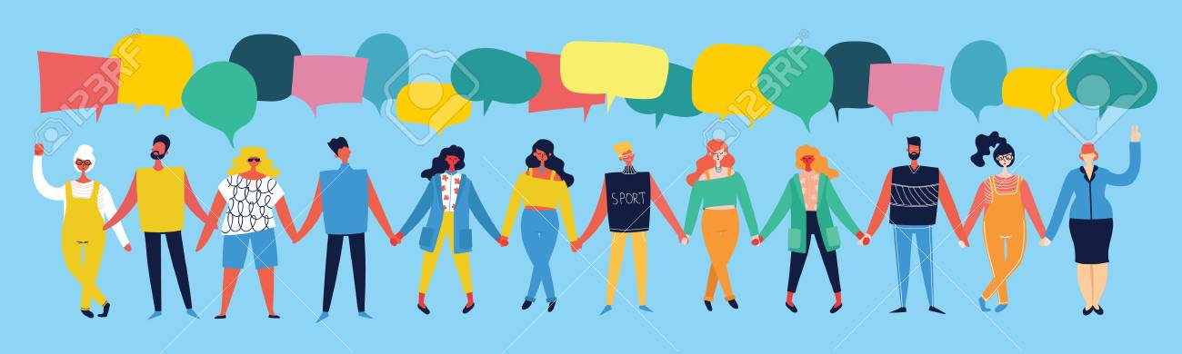 Illustration einer vielfältigen Gruppe von Menschen, die sich an den Händen halten, unter bunten Sprechblasen.