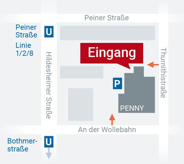 Anfahrtsskizze zum Eingang an der Thurnithistraße nahe dem Penny-Markt und der U-Bahn-Haltestelle Peiner Straße.